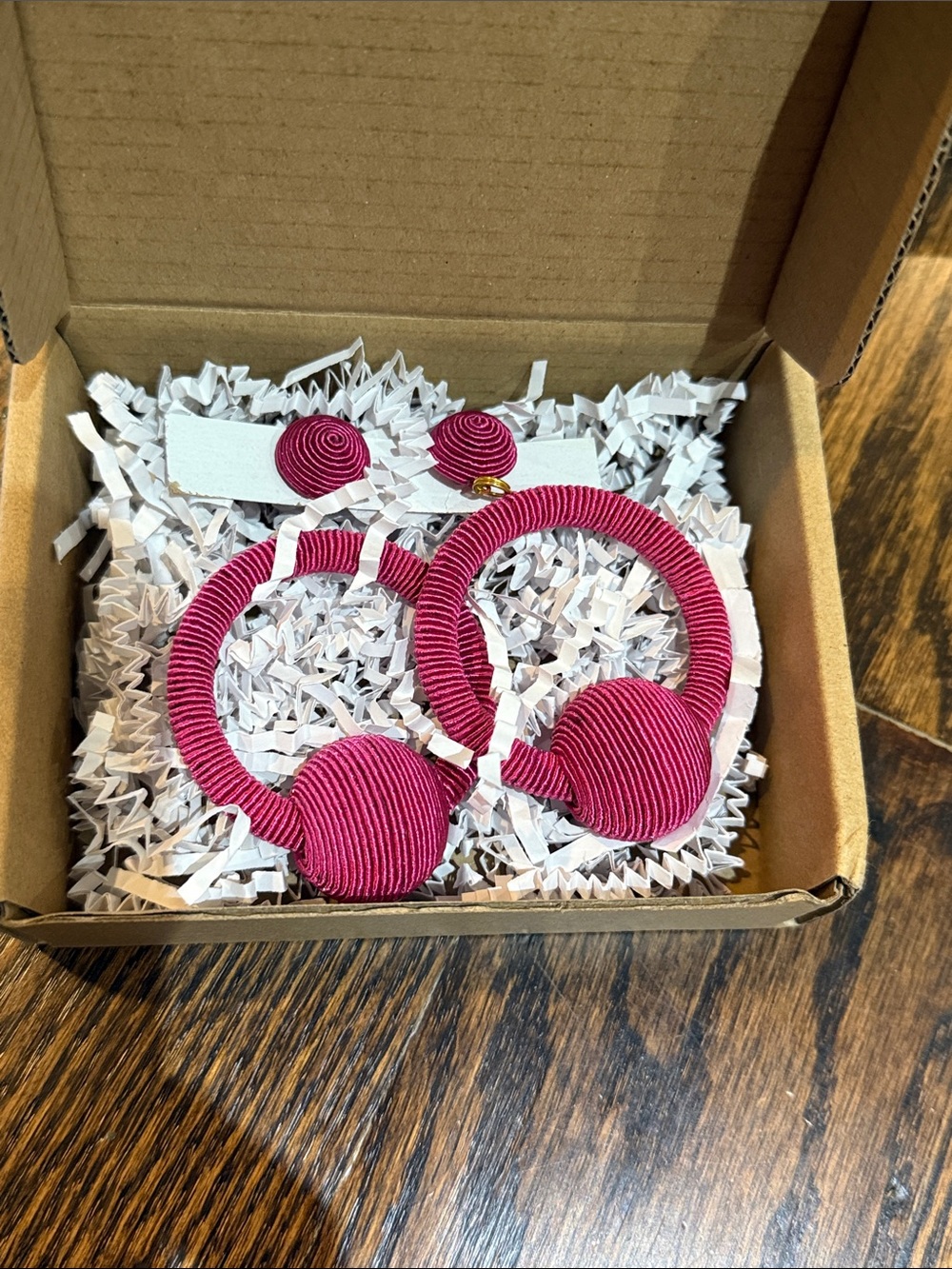 Handmade La La Hoop Drop Earrings in magenta pink wrapped silk cord